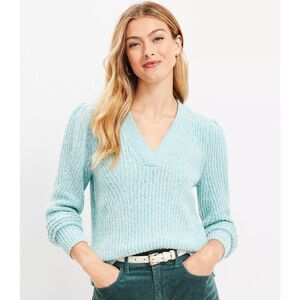 Loft Marled Ribbed V-Neck Sweater puffy sleeve green/white Sz L NWT